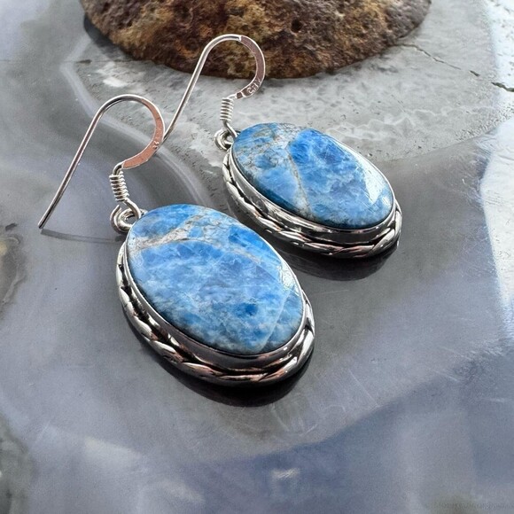 Sterling Silver Southwestern Style Oval Apatite Dangle Earrings For Women - Picture 3 of 10